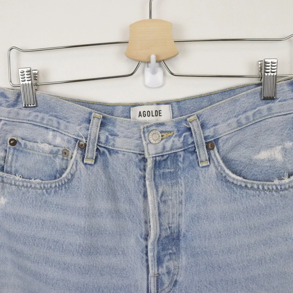 AGOLDE Parker Long Shorts Swapmeet 28 High Rise Distressed Denim Light Wash Blue